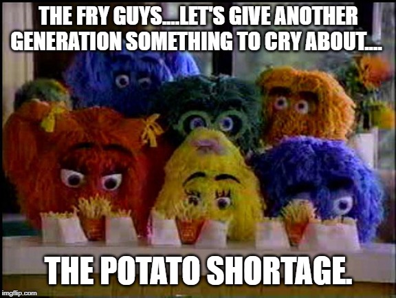 Potato Famine 2020 | THE FRY GUYS....LET'S GIVE ANOTHER GENERATION SOMETHING TO CRY ABOUT.... THE POTATO SHORTAGE. | image tagged in potato,french fries,2020 | made w/ Imgflip meme maker