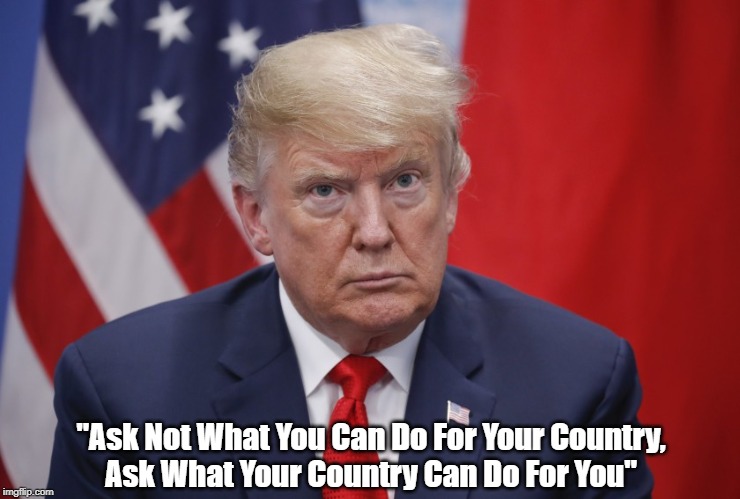 "Ask Not What You Can Do For Your Country..." | "Ask Not What You Can Do For Your Country,
Ask What Your Country Can Do For You" | image tagged in despicable donald,deplorable donald,devious donald,dishonorable donald,mafia don,malignant messiah | made w/ Imgflip meme maker