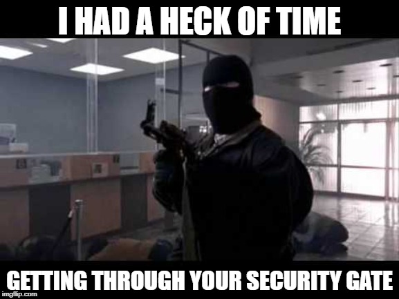 bank robber | I HAD A HECK OF TIME GETTING THROUGH YOUR SECURITY GATE | image tagged in bank robber | made w/ Imgflip meme maker