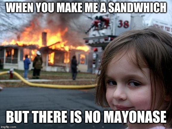 Disaster Girl Meme |  WHEN YOU MAKE ME A SANDWHICH; BUT THERE IS NO MAYONASE | image tagged in memes,disaster girl | made w/ Imgflip meme maker