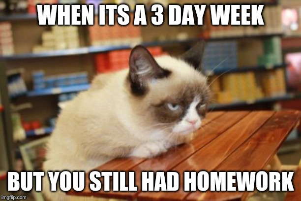 Grumpy Cat Table | WHEN ITS A 3 DAY WEEK; BUT YOU STILL HAD HOMEWORK | image tagged in memes,grumpy cat table,grumpy cat | made w/ Imgflip meme maker