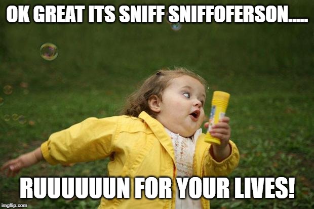 girl running | OK GREAT ITS SNIFF SNIFFOFERSON..... RUUUUUUN FOR YOUR LIVES! | image tagged in girl running | made w/ Imgflip meme maker