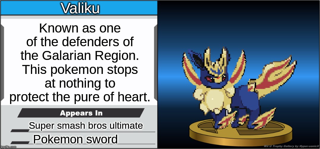 Valiku's trophy. | Valiku; Known as one of the defenders of the Galarian Region. This pokemon stops at nothing to protect the pure of heart. Super smash bros ultimate; Pokemon sword | image tagged in smash bros trophy | made w/ Imgflip meme maker