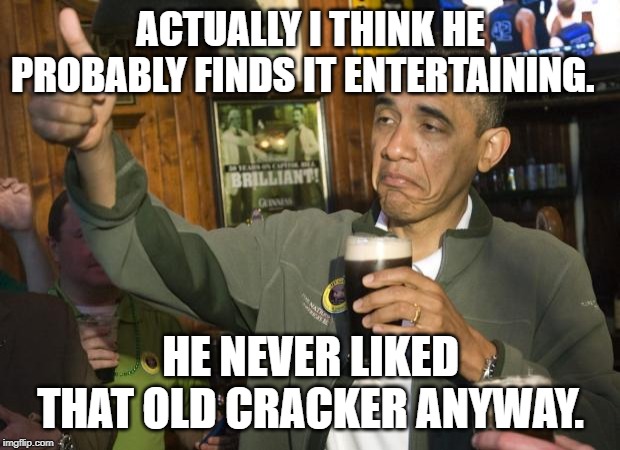 Not Bad | ACTUALLY I THINK HE PROBABLY FINDS IT ENTERTAINING. HE NEVER LIKED THAT OLD CRACKER ANYWAY. | image tagged in not bad | made w/ Imgflip meme maker