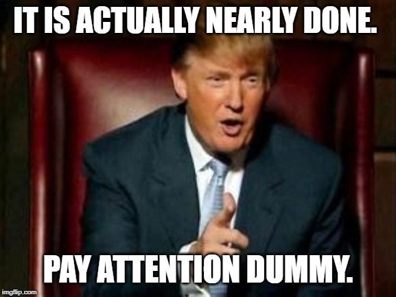 Donald Trump | IT IS ACTUALLY NEARLY DONE. PAY ATTENTION DUMMY. | image tagged in donald trump | made w/ Imgflip meme maker