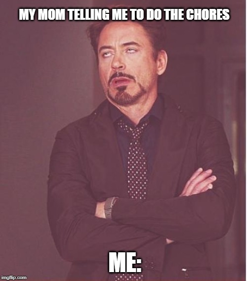 Face You Make Robert Downey Jr | MY MOM TELLING ME TO DO THE CHORES; ME: | image tagged in memes,face you make robert downey jr | made w/ Imgflip meme maker