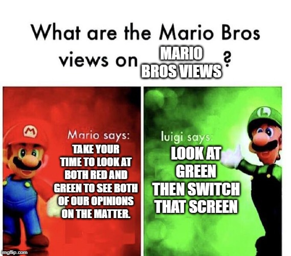 Mario Bros Views | MARIO BROS VIEWS; TAKE YOUR TIME TO LOOK AT BOTH RED AND GREEN TO SEE BOTH OF OUR OPINIONS ON THE MATTER. LOOK AT GREEN THEN SWITCH THAT SCREEN | image tagged in mario bros views | made w/ Imgflip meme maker