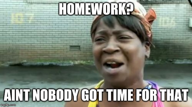 Ain't Nobody Got Time For That Meme | HOMEWORK? AINT NOBODY GOT TIME FOR THAT | image tagged in memes,aint nobody got time for that | made w/ Imgflip meme maker