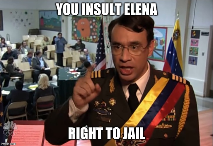Right to jail | YOU INSULT ELENA; RIGHT TO JAIL | image tagged in right to jail | made w/ Imgflip meme maker