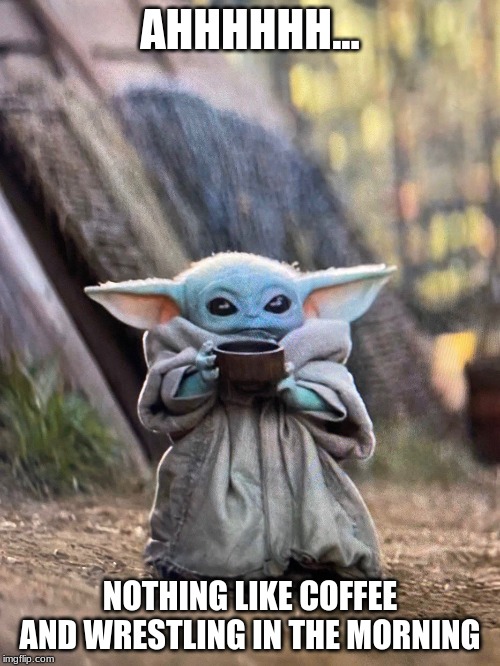 BABY YODA TEA | AHHHHHH... NOTHING LIKE COFFEE AND WRESTLING IN THE MORNING | image tagged in baby yoda tea | made w/ Imgflip meme maker