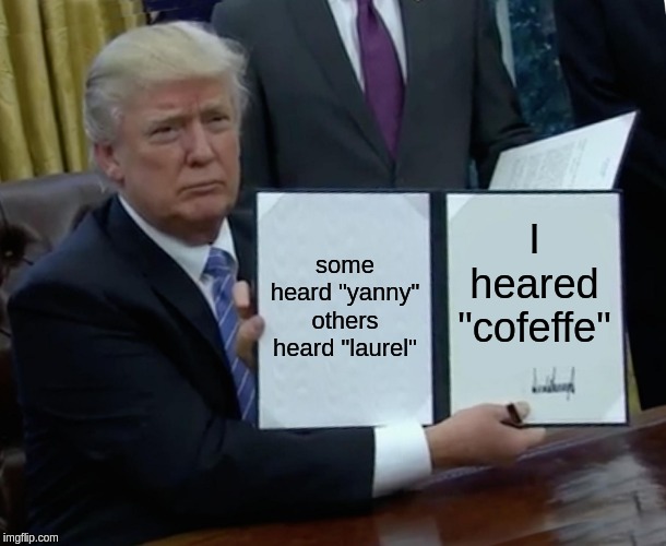 Trump Bill Signing | some heard "yanny" others heard "laurel"; I heared "cofeffe" | image tagged in memes,trump bill signing | made w/ Imgflip meme maker