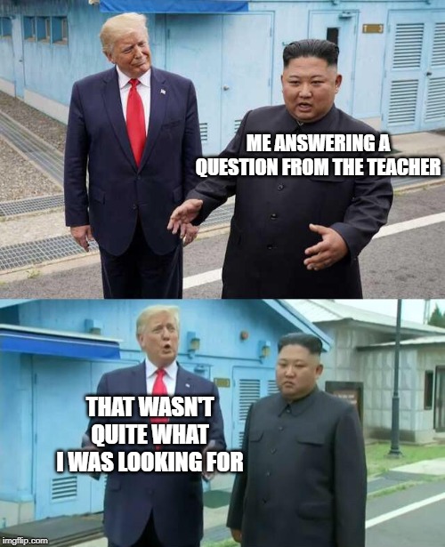 Trump & Kim Jong Un | ME ANSWERING A QUESTION FROM THE TEACHER; THAT WASN'T QUITE WHAT I WAS LOOKING FOR | image tagged in trump  kim jong un | made w/ Imgflip meme maker