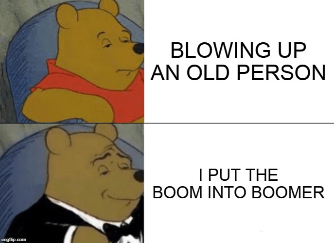 Tuxedo Winnie The Pooh Meme | BLOWING UP AN OLD PERSON; I PUT THE BOOM INTO BOOMER | image tagged in memes,tuxedo winnie the pooh | made w/ Imgflip meme maker
