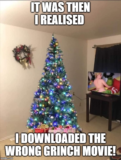 Finally got the tree up | IT WAS THEN I REALISED; I DOWNLOADED THE WRONG GRINCH MOVIE! | image tagged in finally got the tree up | made w/ Imgflip meme maker