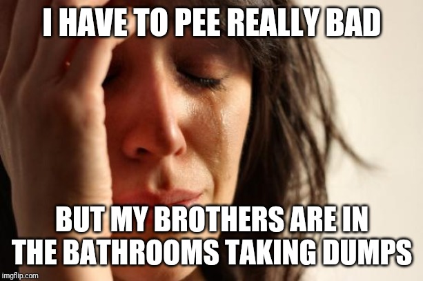 First World Problems | I HAVE TO PEE REALLY BAD; BUT MY BROTHERS ARE IN THE BATHROOMS TAKING DUMPS | image tagged in memes,first world problems | made w/ Imgflip meme maker