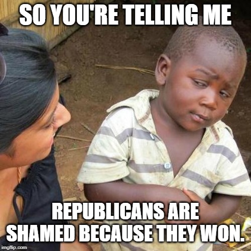 Third World Skeptical Kid Meme | SO YOU'RE TELLING ME REPUBLICANS ARE SHAMED BECAUSE THEY WON. | image tagged in memes,third world skeptical kid | made w/ Imgflip meme maker