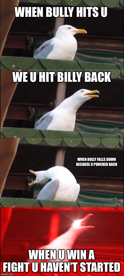 The four teacher Stages when u in a fight | WHEN BULLY HITS U; WE U HIT BILLY BACK; WHEN BULLY FALLS DOWN BECAUSE U PUNCHED BACK; WHEN U WIN A FIGHT U HAVEN’T STARTED | image tagged in memes,inhaling seagull | made w/ Imgflip meme maker