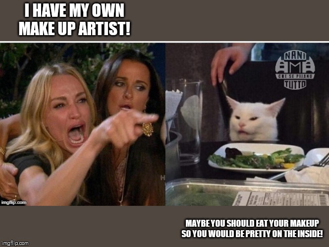 white cat table | I HAVE MY OWN MAKE UP ARTIST! MAYBE YOU SHOULD EAT YOUR MAKEUP SO YOU WOULD BE PRETTY ON THE INSIDE! | image tagged in white cat table | made w/ Imgflip meme maker