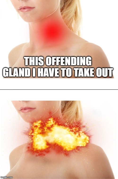 Throat Explosion | THIS OFFENDING GLAND I HAVE TO TAKE OUT | image tagged in throat explosion | made w/ Imgflip meme maker