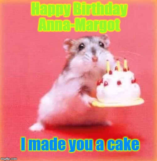 birthday hamster | Happy Birthday Anna-Margot; I made you a cake | image tagged in birthday hamster | made w/ Imgflip meme maker