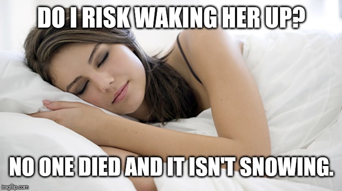 sleeping woman | DO I RISK WAKING HER UP? NO ONE DIED AND IT ISN'T SNOWING. | image tagged in sleeping woman | made w/ Imgflip meme maker