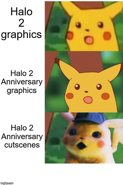 Blank White Template | Halo 2 graphics; Halo 2 Anniversary graphics; Halo 2 Anniversary cutscenes | image tagged in blank white template,surprised pikachu | made w/ Imgflip meme maker