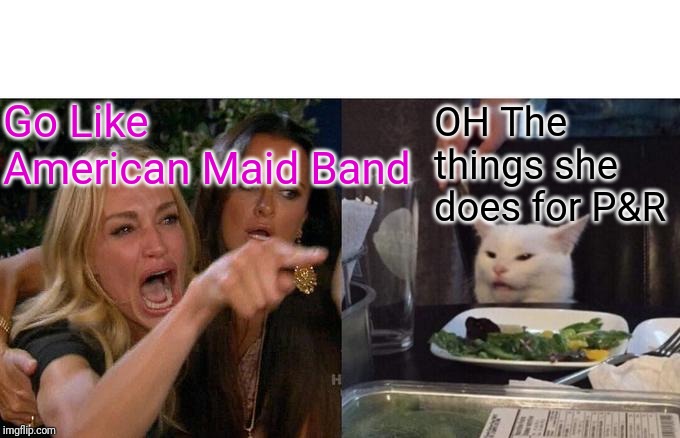 Woman Yelling At Cat | OH The things she does for P&R; Go Like
American Maid Band | image tagged in memes,woman yelling at cat,taylor armstrong meme,american maid band,band promo meme | made w/ Imgflip meme maker