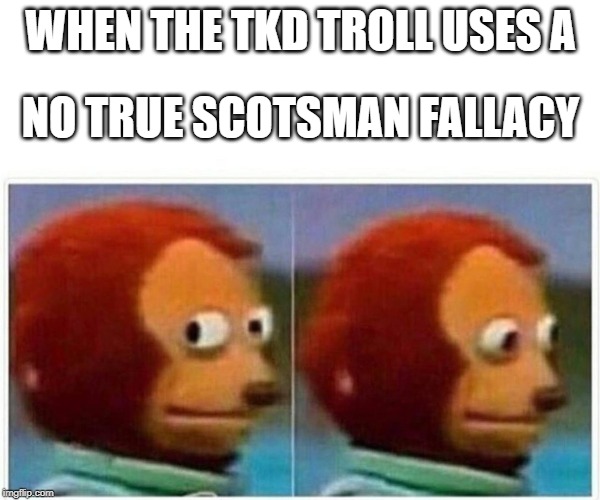Monkey Puppet Meme | WHEN THE TKD TROLL USES A; NO TRUE SCOTSMAN FALLACY | image tagged in monkey puppet | made w/ Imgflip meme maker