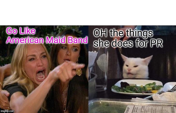 Woman Yelling At Cat | Go Like American Maid Band; OH the things she does for PR | image tagged in memes,woman yelling at cat | made w/ Imgflip meme maker