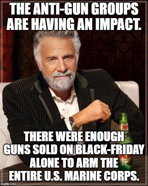 220,000 background checks done on Black Friday | THE ANTI-GUN GROUPS ARE HAVING AN IMPACT. THERE WERE ENOUGH GUNS SOLD ON BLACK-FRIDAY ALONE TO ARM THE ENTIRE U.S. MARINE CORPS. | image tagged in memes,the most interesting man in the world | made w/ Imgflip meme maker