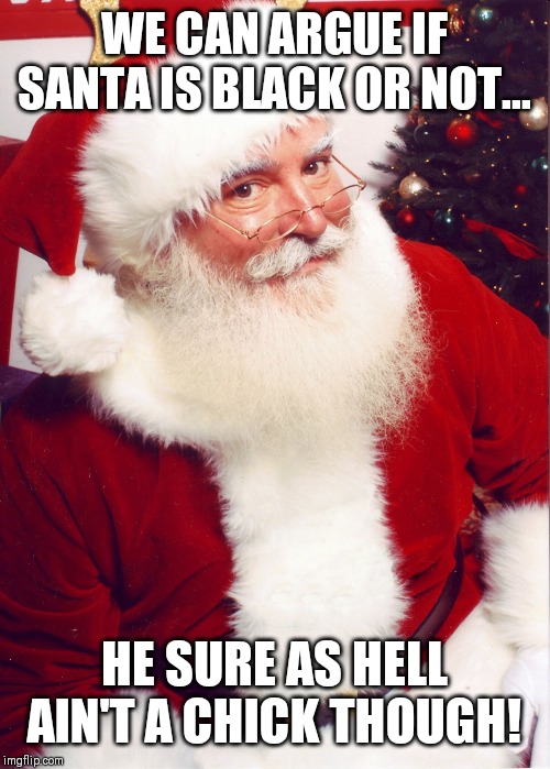 Santa claus | WE CAN ARGUE IF SANTA IS BLACK OR NOT... HE SURE AS HELL AIN'T A CHICK THOUGH! | image tagged in santa claus | made w/ Imgflip meme maker