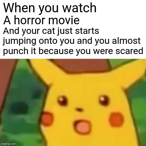 Surprised Pikachu Meme | When you watch; A horror movie; And your cat just starts jumping onto you and you almost punch it because you were scared | image tagged in memes,surprised pikachu | made w/ Imgflip meme maker