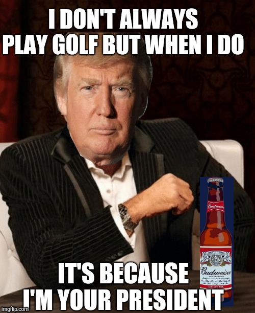 Two Eqeez Trump |  I DON'T ALWAYS PLAY GOLF BUT WHEN I DO; IT'S BECAUSE I'M YOUR PRESIDENT | image tagged in donald trump,dos equis guy awesome,budweiser,beer,potus,trump | made w/ Imgflip meme maker