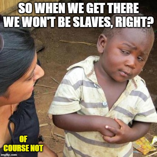 Third World Skeptical Kid | SO WHEN WE GET THERE WE WON'T BE SLAVES, RIGHT? OF COURSE NOT | image tagged in memes,third world skeptical kid | made w/ Imgflip meme maker