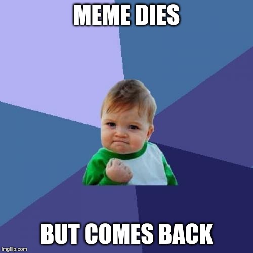 on imgflip, nothing dies! | MEME DIES; BUT COMES BACK | image tagged in memes,success kid | made w/ Imgflip meme maker