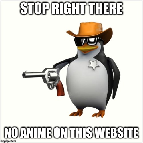 Shut up penguin gun | STOP RIGHT THERE NO ANIME ON THIS WEBSITE | image tagged in shut up penguin gun | made w/ Imgflip meme maker