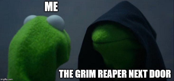 Evil Kermit Meme | ME; THE GRIM REAPER NEXT DOOR | image tagged in memes,evil kermit | made w/ Imgflip meme maker