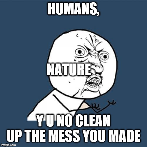 Y U No Meme | HUMANS, NATURE; Y U NO CLEAN UP THE MESS YOU MADE | image tagged in memes,y u no | made w/ Imgflip meme maker