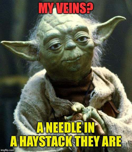 Star Wars Yoda Meme | MY VEINS? A NEEDLE IN A HAYSTACK THEY ARE | image tagged in memes,star wars yoda | made w/ Imgflip meme maker