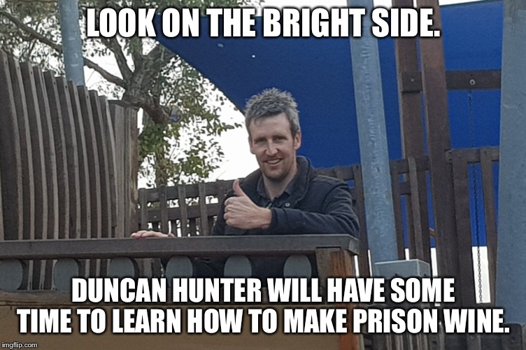Bye Drunken Hunter | LOOK ON THE BRIGHT SIDE. DUNCAN HUNTER WILL HAVE SOME TIME TO LEARN HOW TO MAKE PRISON WINE. | image tagged in look on the bright side greeny,memes,duncan hunter,drunk baby,prison,drinking | made w/ Imgflip meme maker