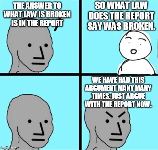 No, really. What does it say? | SO WHAT LAW DOES THE REPORT SAY WAS BROKEN. THE ANSWER TO WHAT LAW IS BROKEN IS IN THE REPORT; WE HAVE HAD THIS ARGUMENT MANY MANY TIMES. JUST ARGUE WITH THE REPORT NOW. | image tagged in npc meme | made w/ Imgflip meme maker