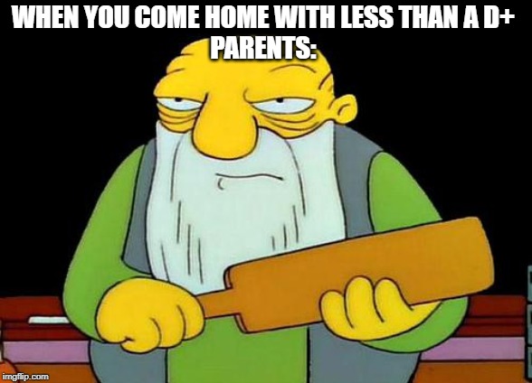 That's a paddlin' Meme | WHEN YOU COME HOME WITH LESS THAN A D+
PARENTS: | image tagged in memes,that's a paddlin' | made w/ Imgflip meme maker