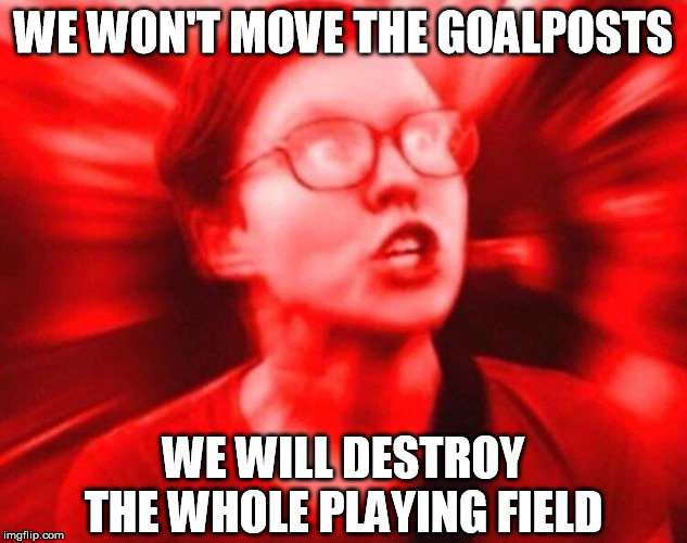 Sjw  | WE WON'T MOVE THE GOALPOSTS; WE WILL DESTROY THE WHOLE PLAYING FIELD | image tagged in sjw,cultural marxism,critical theory,anti-america,destruction,nihilism | made w/ Imgflip meme maker
