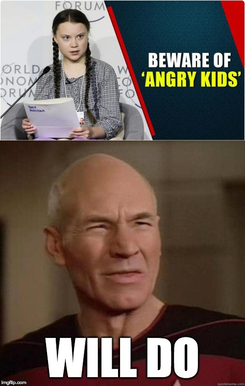 I wouldn't say 'angry'. I think 'triggered' would be more appropriate. | WILL DO | image tagged in picard disgusted,funny,memes,politics,ecofascist greta thunberg | made w/ Imgflip meme maker