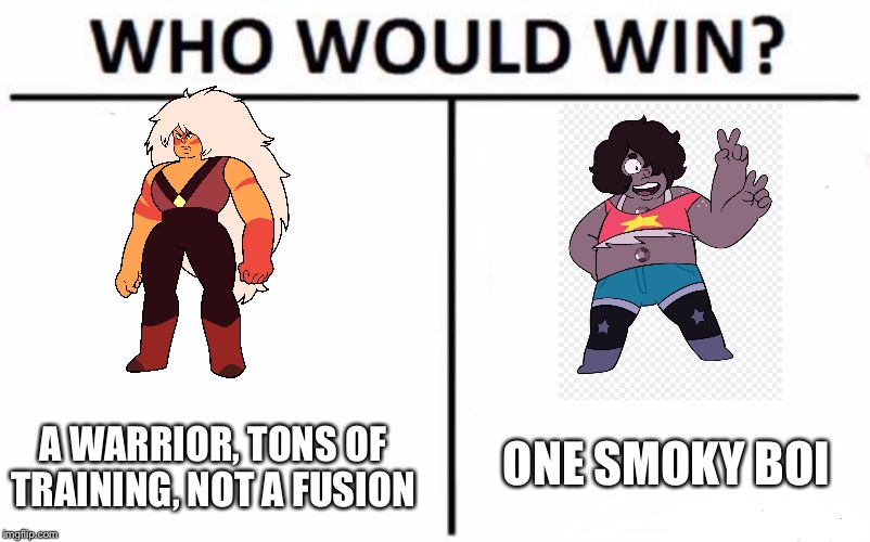 Who Would Win? Meme | ONE SMOKY BOI; A WARRIOR, TONS OF TRAINING, NOT A FUSION | image tagged in memes,who would win | made w/ Imgflip meme maker