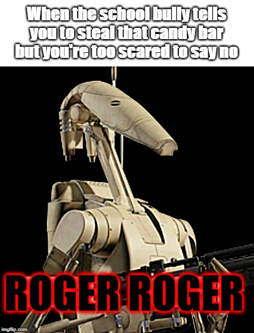Roger Roger | When the school bully tells you to steal that candy bar but you're too scared to say no; ROGER ROGER | image tagged in roger roger,star wars prequels | made w/ Imgflip meme maker