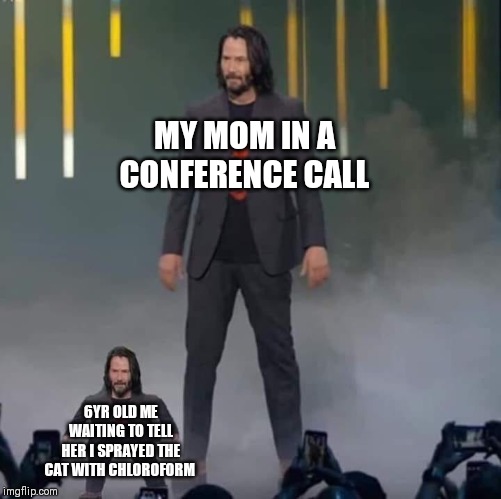Keanu and Mini Keanu | MY MOM IN A CONFERENCE CALL; 6YR OLD ME WAITING TO TELL HER I SPRAYED THE CAT WITH CHLOROFORM | image tagged in keanu and mini keanu | made w/ Imgflip meme maker