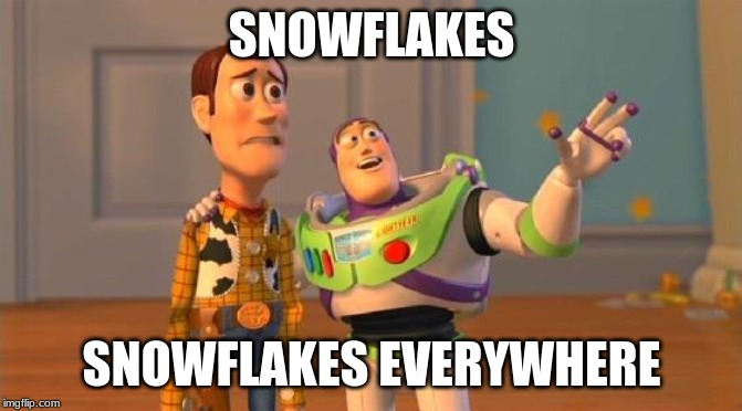 TOYSTORY EVERYWHERE |  SNOWFLAKES; SNOWFLAKES EVERYWHERE | image tagged in toystory everywhere | made w/ Imgflip meme maker