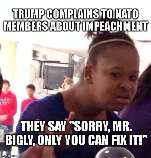 Cry Baby Trump Does Not Have Any European Friends | TRUMP COMPLAINS TO NATO MEMBERS ABOUT IMPEACHMENT; THEY SAY "SORRY, MR. BIGLY, ONLY YOU CAN FIX IT!" | image tagged in criminal,corrupt,conman,liar,traitor,impeach trump | made w/ Imgflip meme maker