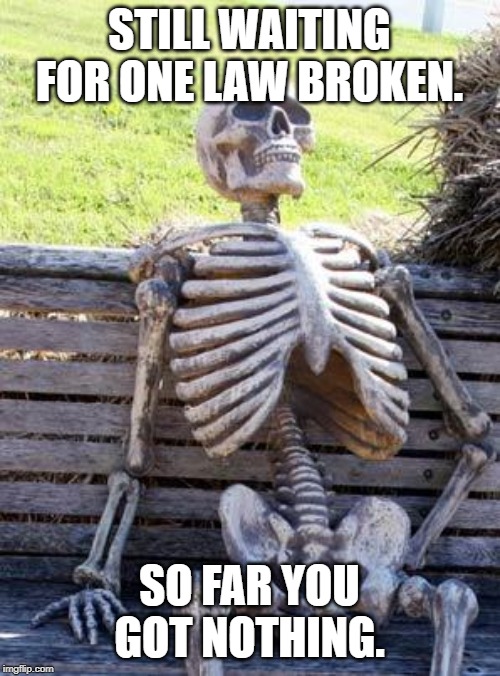 Waiting Skeleton Meme | STILL WAITING FOR ONE LAW BROKEN. SO FAR YOU GOT NOTHING. | image tagged in memes,waiting skeleton | made w/ Imgflip meme maker